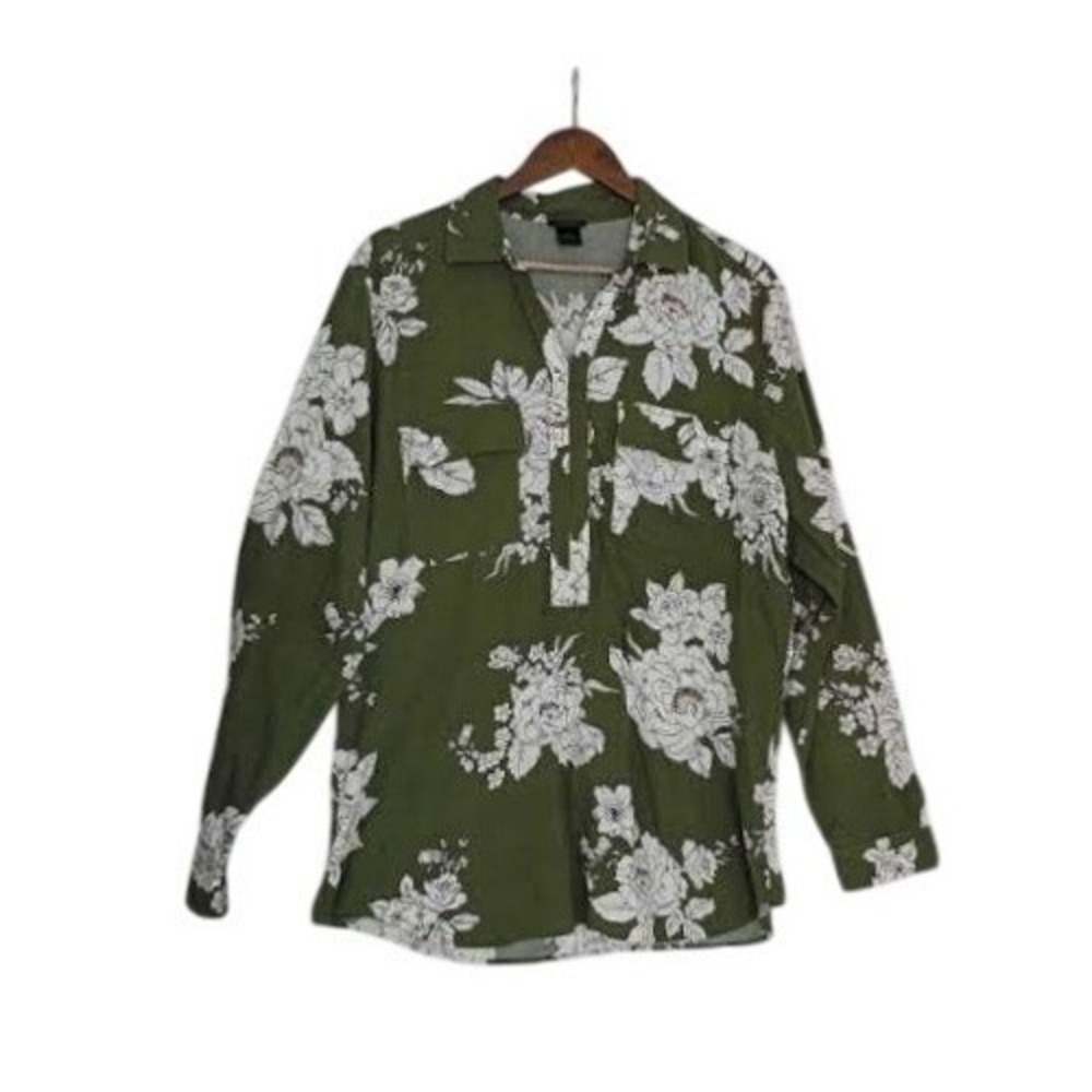 Ann Taylor Olive Green White Floral Rayon Henley Blouse Boho XL